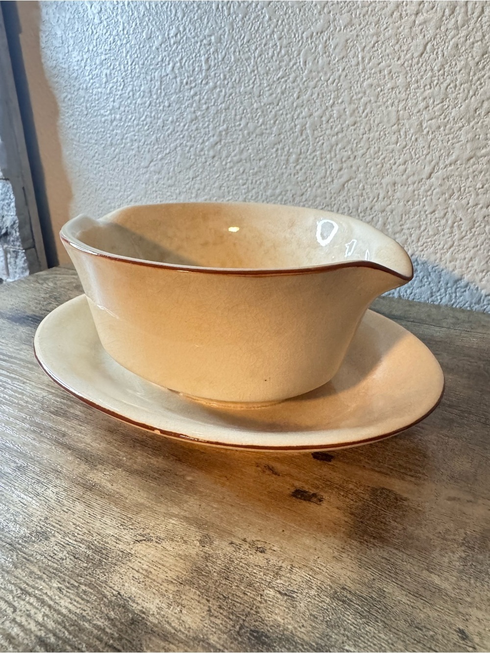 Vintage Cream Glaze Gravy Boat & Underplate | Brown Trim - Picture 7 of 14